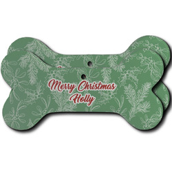 Christmas Holly Ceramic Dog Ornament - Front & Back w/ Name or Text