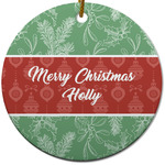 Christmas Holly Round Ceramic Ornament w/ Name or Text