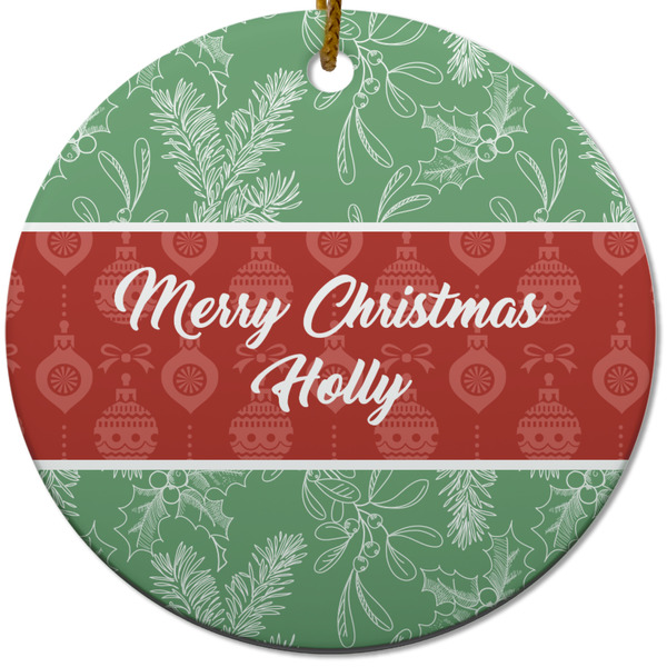 Custom Christmas Holly Round Ceramic Ornament w/ Name or Text