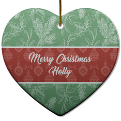Christmas Holly Heart Ceramic Ornament w/ Name or Text