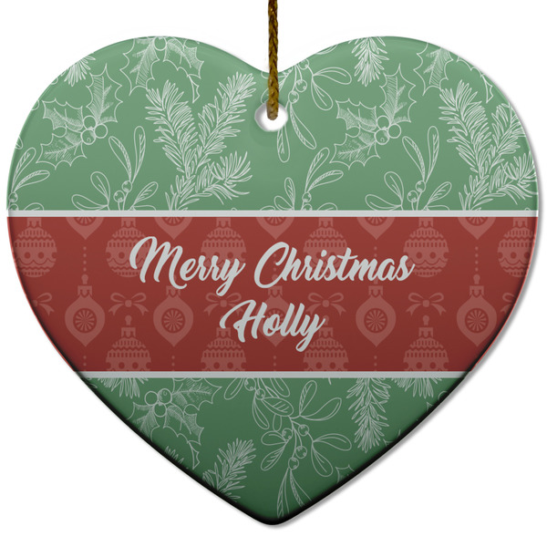Custom Christmas Holly Heart Ceramic Ornament w/ Name or Text