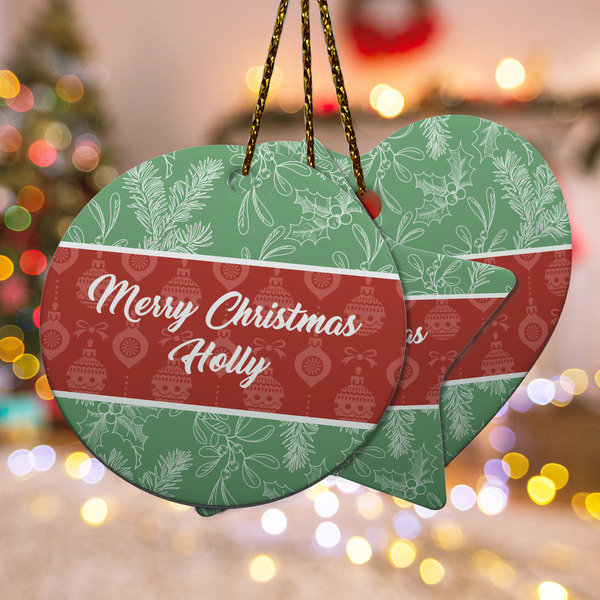 Custom Christmas Holly Ceramic Ornament w/ Name or Text