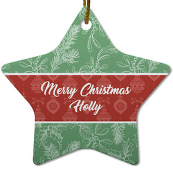 Christmas Holly Star Ceramic Ornament w/ Name or Text