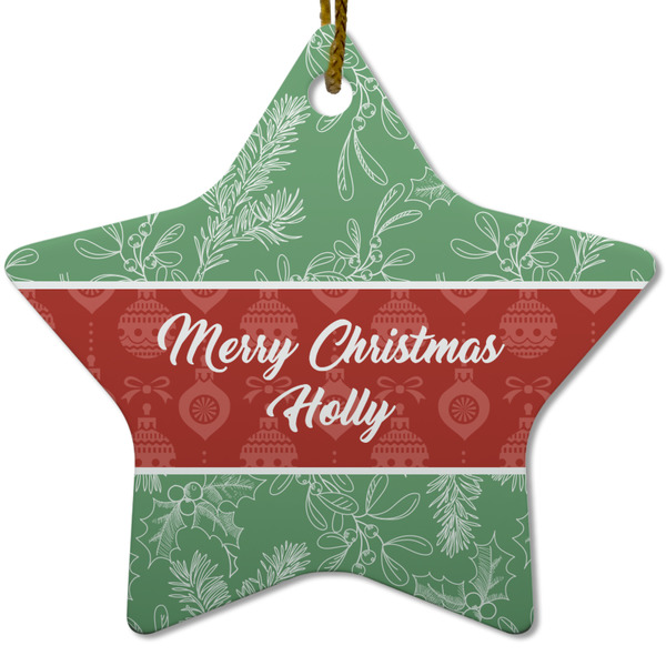 Custom Christmas Holly Star Ceramic Ornament w/ Name or Text