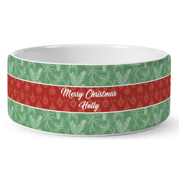 Custom Christmas Holly Ceramic Dog Bowl - Large (Personalized)