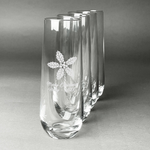 Custom Christmas Holly Champagne Flute - Stemless Engraved - Set of 4 (Personalized)