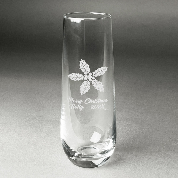 Custom Christmas Holly Champagne Flute - Stemless Engraved (Personalized)