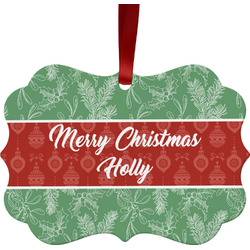 Christmas Holly Metal Frame Ornament - Double Sided w/ Name or Text