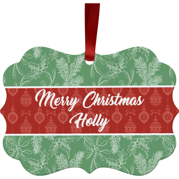 Custom Christmas Holly Metal Frame Ornament - Double Sided w/ Name or Text
