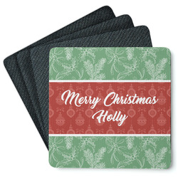Christmas Holly Square Rubber Backed Coasters - Set of 4 (Personalized)