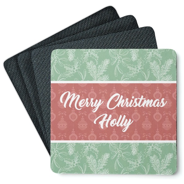 Custom Christmas Holly Square Rubber Backed Coasters - Set of 4 (Personalized)