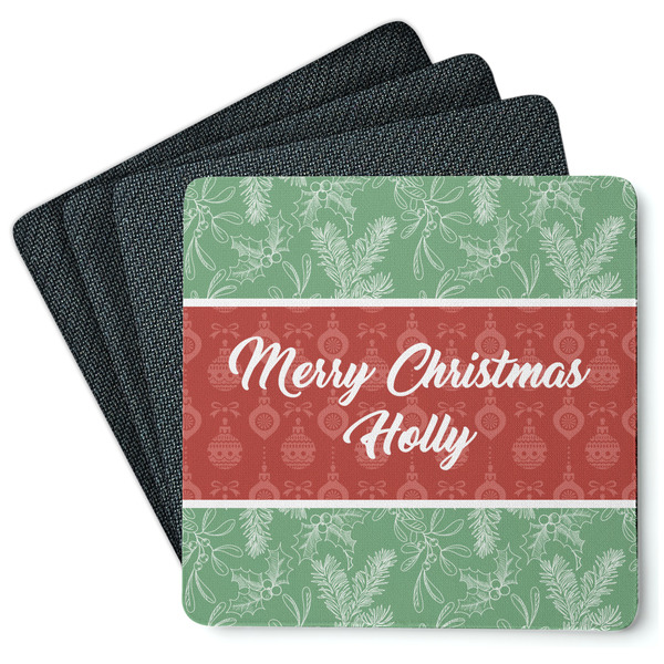 Custom Christmas Holly Square Rubber Backed Coasters - Set of 4 (Personalized)