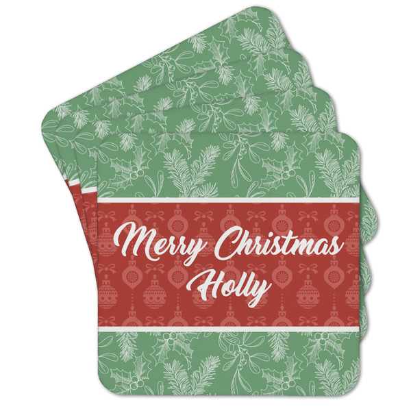 Custom Christmas Holly Cork Coaster - Set of 4 w/ Name or Text