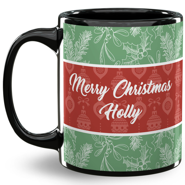 Custom Christmas Holly 11 Oz Coffee Mug - Black (Personalized)
