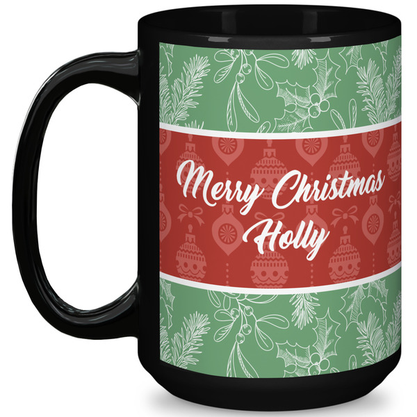 Custom Christmas Holly 15 Oz Coffee Mug - Black (Personalized)