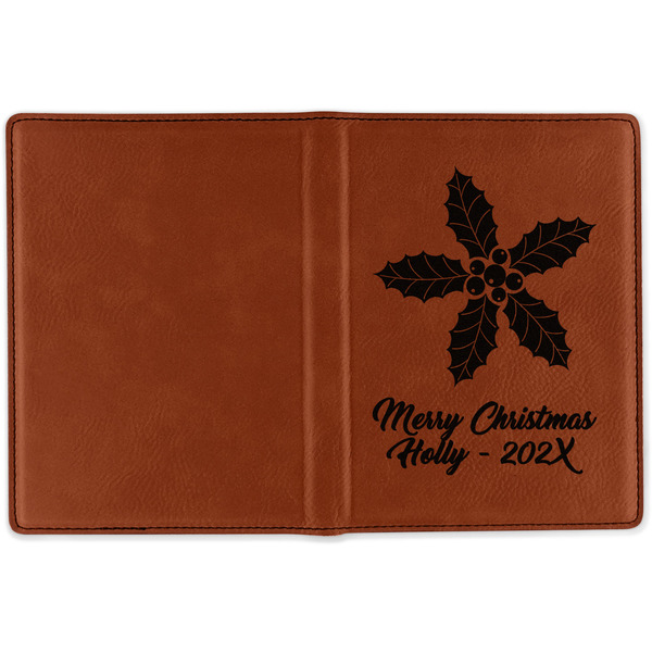 Christmas Holly Cognac Leather Passport Holder Outside Single Sided - Apvl
