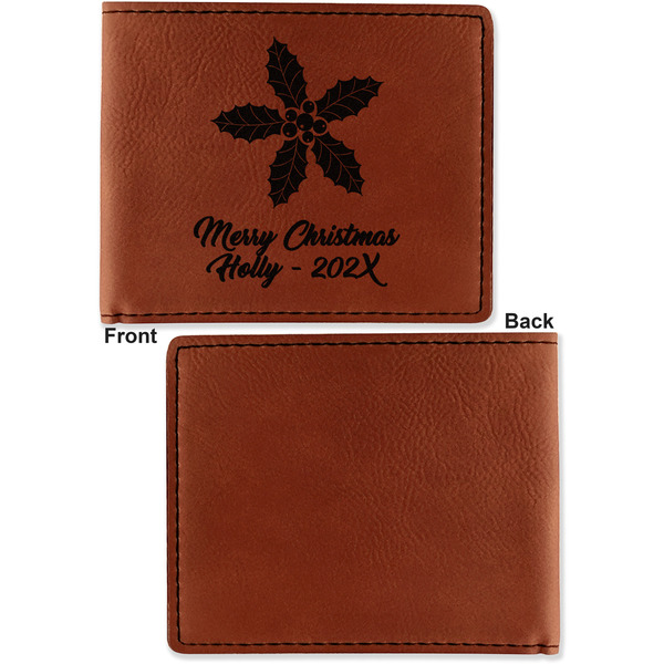 Christmas Holly Cognac Leatherette Bifold Wallets - Front and Back Single Sided - Apvl