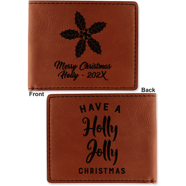 Christmas Holly Cognac Leatherette Bifold Wallets - Front and Back