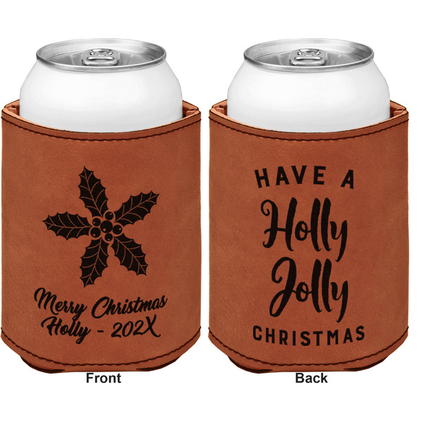 Christmas Holly Cognac Leatherette Can Sleeve - Double Sided Front and Back