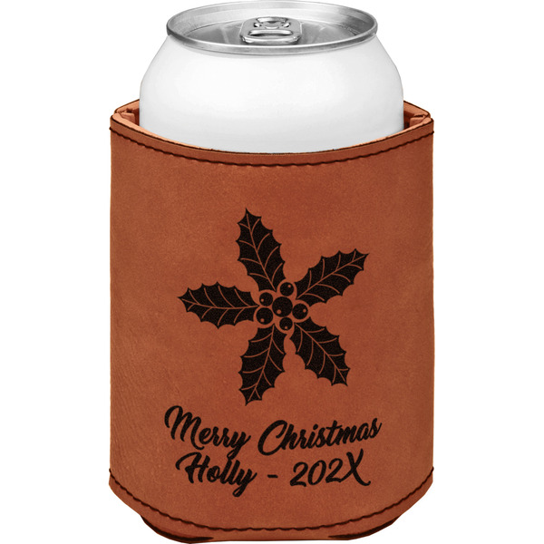 Christmas Holly Cognac Leatherette Can Sleeve - Single Front