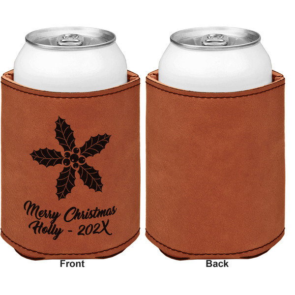 Christmas Holly Cognac Leatherette Can Sleeve - Single Sided Front and Back