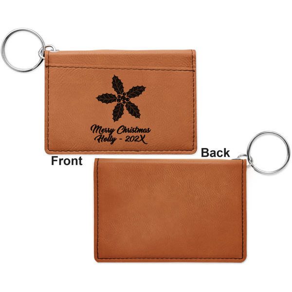 Christmas Holly Cognac Leatherette Keychain ID Holders - Front Apvl