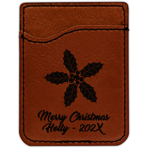 Christmas Holly Cognac Leatherette Phone Wallet close up