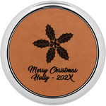 Christmas Holly Leatherette Round Coaster w/ Silver Edge - Single or Set (Personalized)