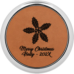 Christmas Holly Leatherette Round Coaster w/ Silver Edge (Personalized)