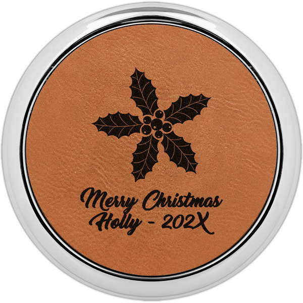 Custom Christmas Holly Leatherette Round Coaster w/ Silver Edge (Personalized)