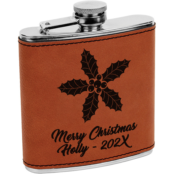 Custom Christmas Holly Leatherette Wrapped Stainless Steel Flask (Personalized)