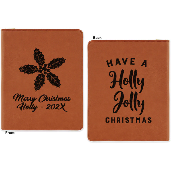 Christmas Holly Cognac Leatherette Zipper Portfolios with Notepad - Double Sided - Apvl