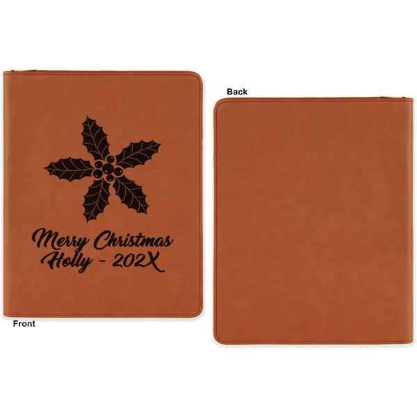 Christmas Holly Cognac Leatherette Zipper Portfolios with Notepad - Single Sided - Apvl