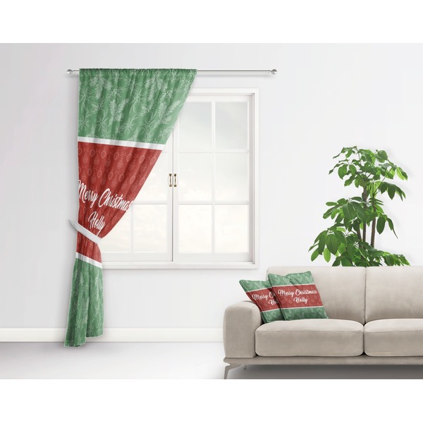 Christmas Holly Curtain With Window and Rod - in Room Matching Pillow