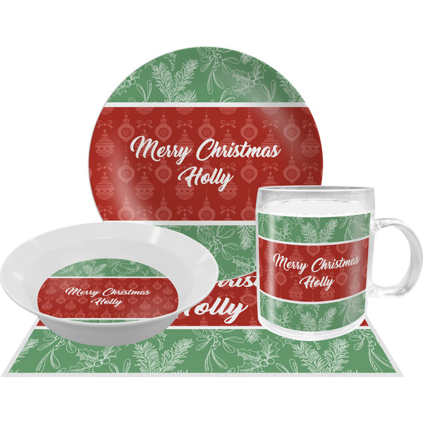 Custom Christmas Holly Dinner Set - Single 4 Pc Setting w/ Name or Text