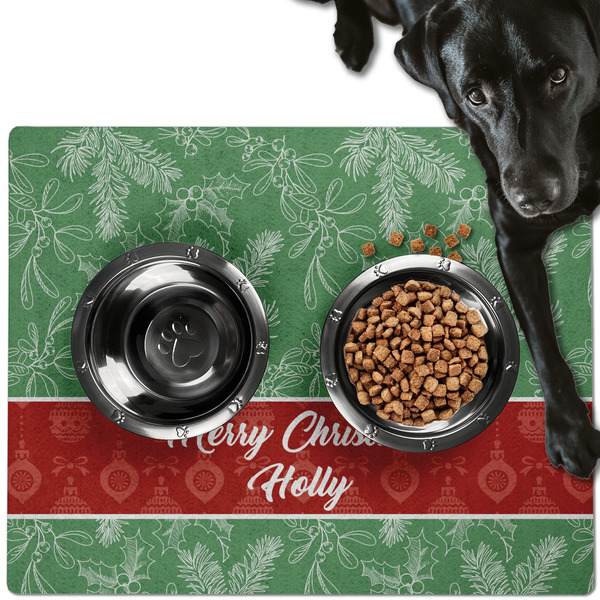 Custom Christmas Holly Dog Food Mat - Large w/ Name or Text