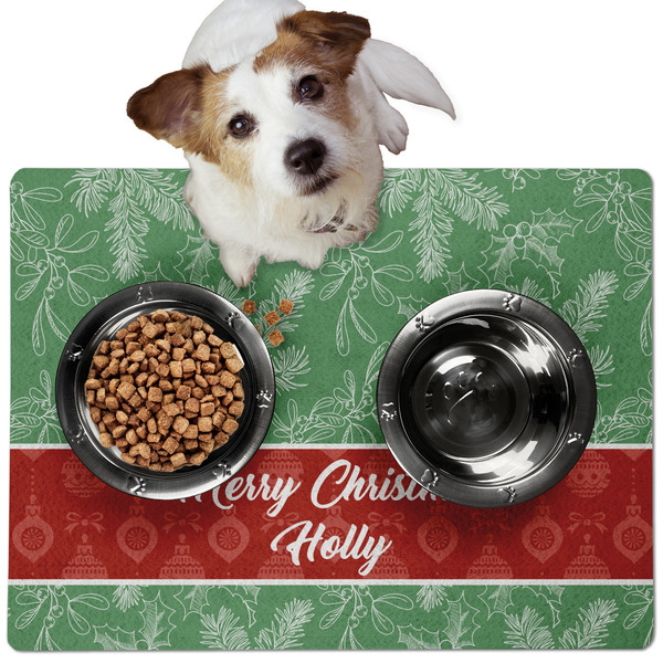 Custom Christmas Holly Dog Food Mat - Medium w/ Name or Text