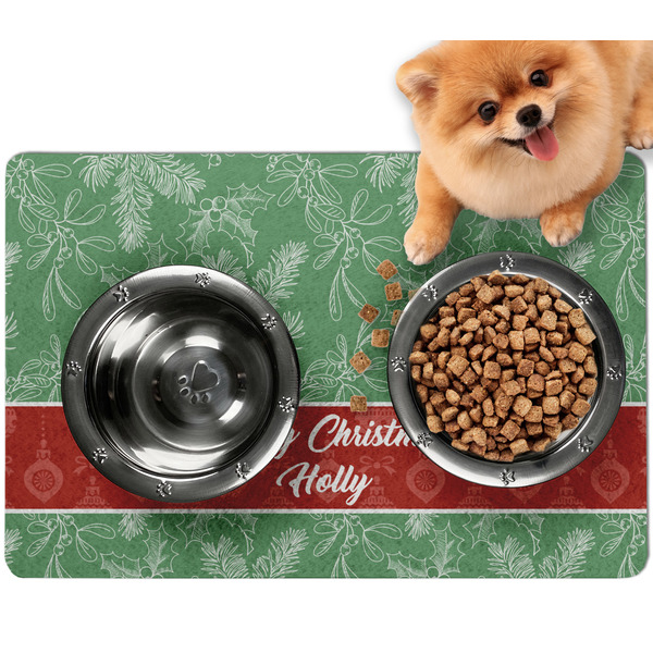 Custom Christmas Holly Dog Food Mat - Small w/ Name or Text
