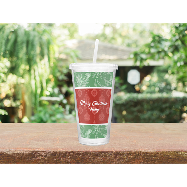 Christmas Holly Double Wall Tumbler with Straw Lifestyle