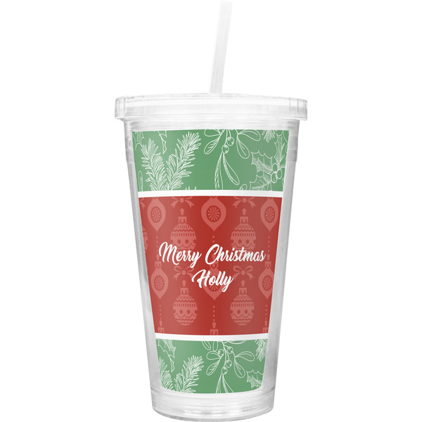 Custom Christmas Holly Double Wall Tumbler with Straw (Personalized)