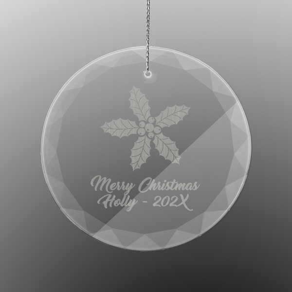 Custom Christmas Holly Engraved Glass Ornament - Round (Personalized)