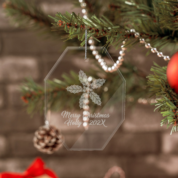 Christmas Holly Engraved Glass Ornaments - Octagon (Lifestyle)