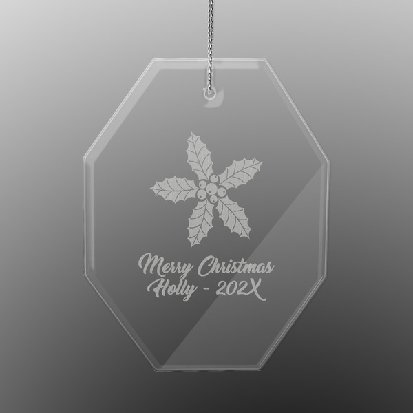 Custom Christmas Holly Engraved Glass Ornament - Octagon (Personalized)
