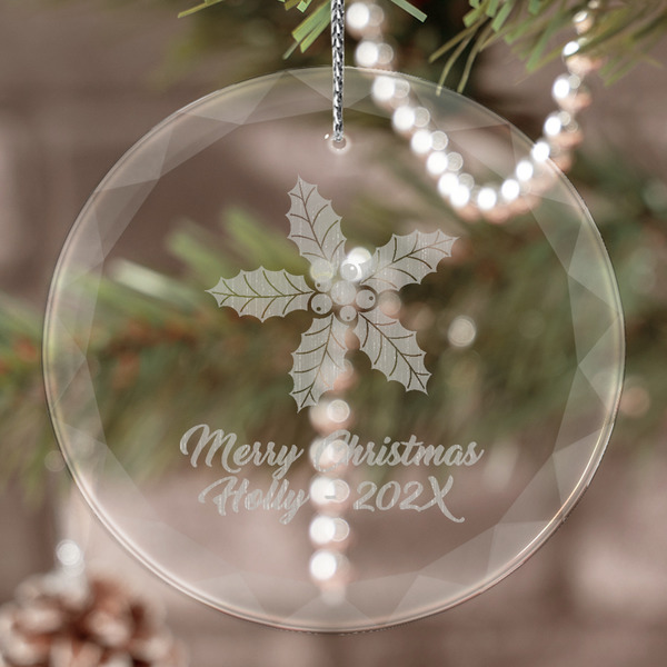 Custom Christmas Holly Engraved Glass Ornament (Personalized)