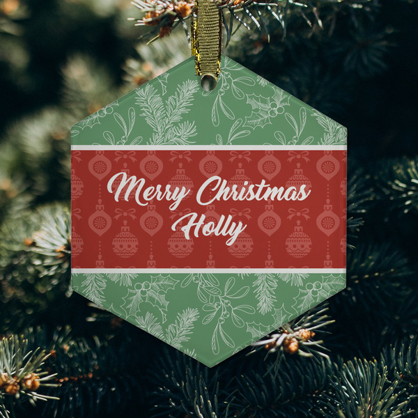 Christmas Holly Frosted Glass Ornament - Hexagon (Lifestyle)