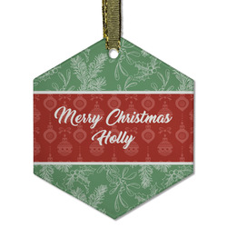 Christmas Holly Flat Glass Ornament - Hexagon w/ Name or Text