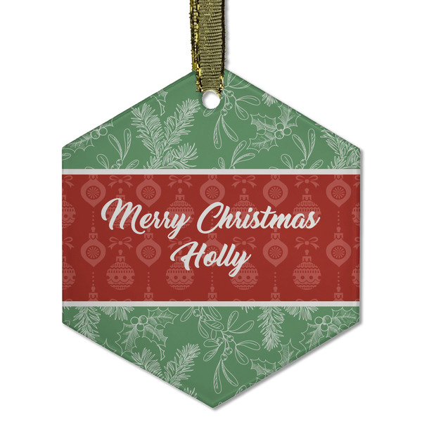 Custom Christmas Holly Flat Glass Ornament - Hexagon w/ Name or Text