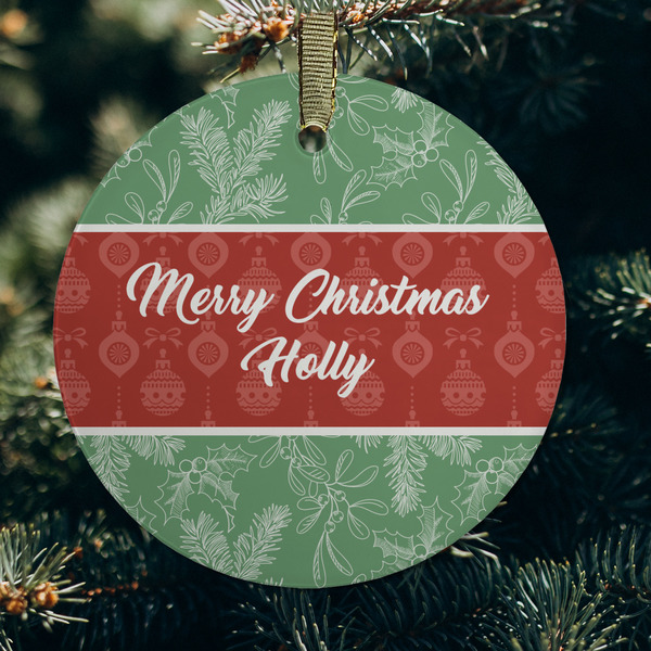 Christmas Holly Frosted Glass Ornament - Round (Lifestyle)