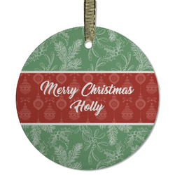 Christmas Holly Flat Glass Ornament - Round w/ Name or Text