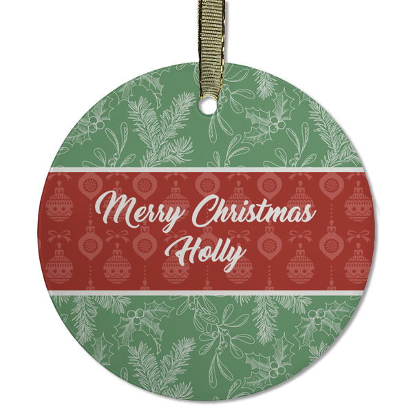 Custom Christmas Holly Flat Glass Ornament - Round w/ Name or Text